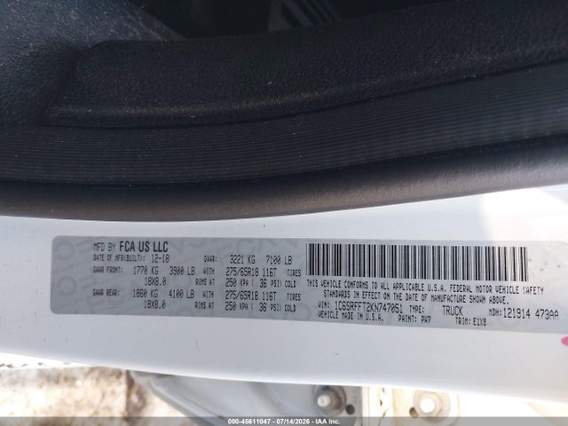 Продаж на аукціоні авто 2019 Ram 1500 Big Horn/lone Star  4x4 5'7 Box, vin: 1C6SRFFT2KN747051, номер лоту: 45611047