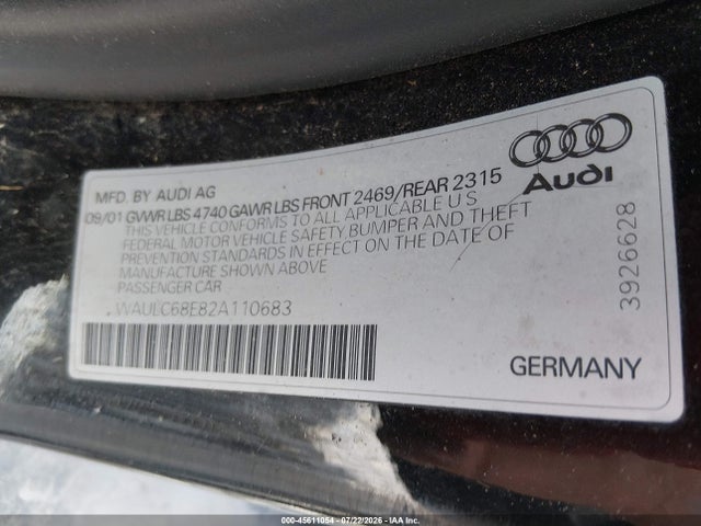 Aukcja sprzedaży 2002 Audi A4 1.8t, vin: WAULC68E82A110683, numer aukcji: 45611054