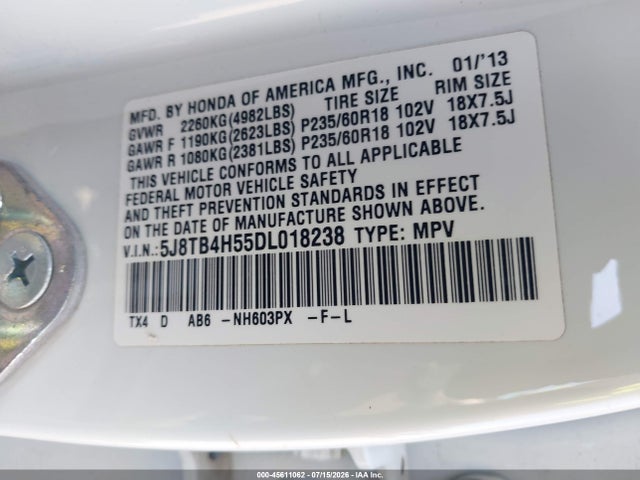 45611062 :رقم المزاد ، 5J8TB4H55DL018238 vin ، 2013 Acura Rdx مزاد بيع