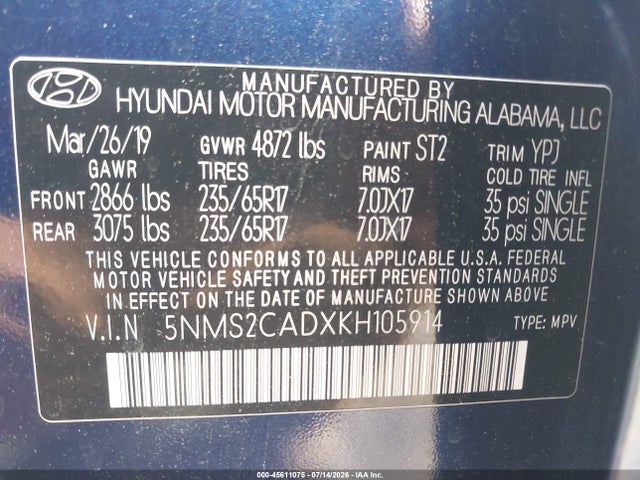 45611075 :رقم المزاد ، 5NMS2CADXKH105914 vin ، 2019 Hyundai Santa Fe Se مزاد بيع