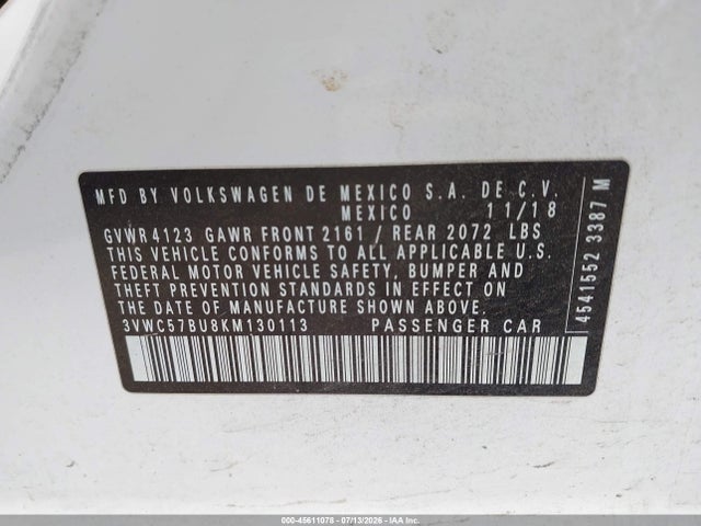 2019 Volkswagen Jetta 1.4t R-line/1.4t S/1.4t Se მანქანა იყიდება აუქციონზე, vin: 3VWC57BU8KM130113, აუქციონის ნომერი: 45611078