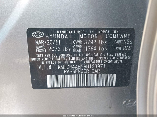 45611081 :رقم المزاد ، KMHDH4AE5BU133971 vin ، 2011 Hyundai Elantra Gls (ulsan Plant) مزاد بيع