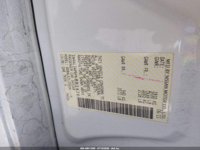 Продажа на аукционе авто 2015 Nissan Altima 2.5 S, vin: 1N4AL3AP6FN881426, номер лота: 45611090