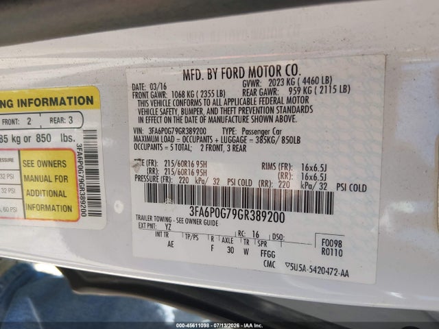 3FA6P0G79GR389200 Ford FUSION S