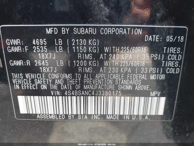 Продажа на аукционе авто 2018 Subaru Outback 2.5i Limited, vin: 4S4BSANC4J3380175, номер лота: 45611114