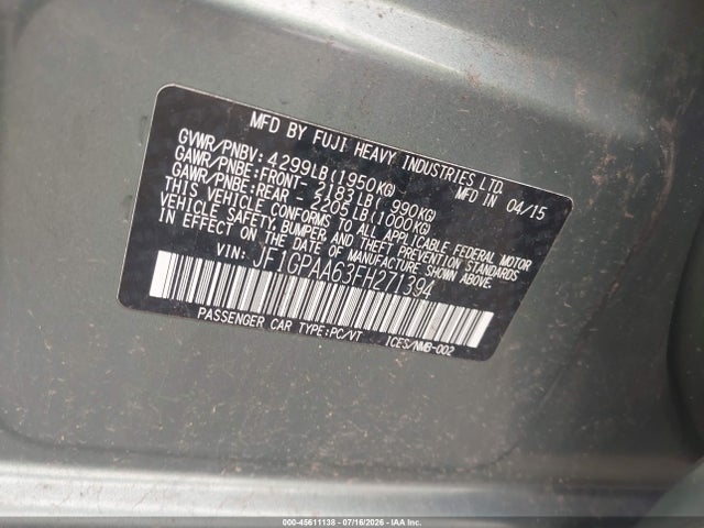 45611138 :رقم المزاد ، JF1GPAA63FH271394 vin ، 2015 Subaru Impreza 2.0i مزاد بيع