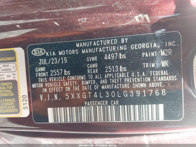 45611146 :رقم المزاد ، 5XXGT4L30LG391768 vin ، 2020 Kia Optima Lx مزاد بيع