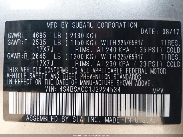 2018 Subaru Outback 2.5i Premium მანქანა იყიდება აუქციონზე, vin: 4S4BSACC1J3224534, აუქციონის ნომერი: 45611175