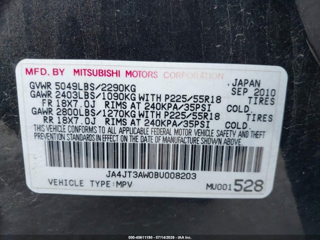 Aukcja sprzedaży 2011 Mitsubishi Outlander Se, vin: JA4JT3AW0BU008203, numer aukcji: 45611190