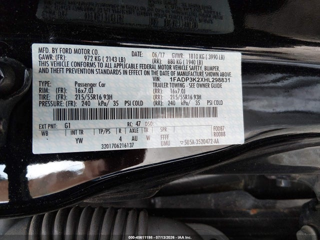 45611198 :رقم المزاد ، 1FADP3K2XHL298831 vin ، 2017 Ford Focus Se مزاد بيع