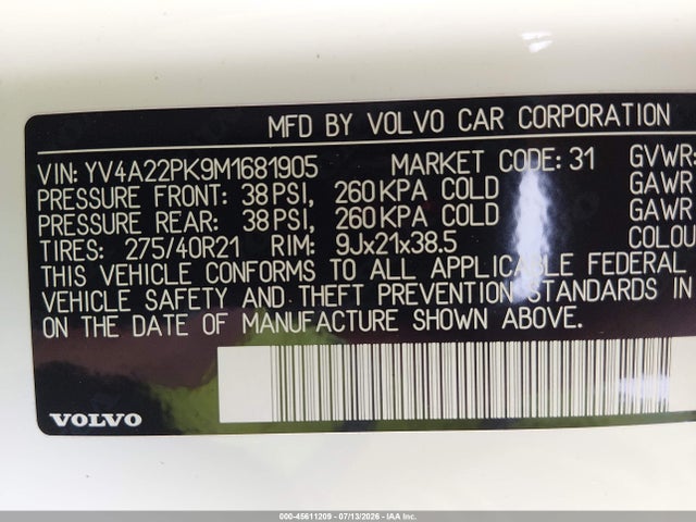 45611209 :رقم المزاد ، YV4A22PK9M1681905 vin ، 2021 Volvo Xc90 T6 Momentum 7 Passenger مزاد بيع