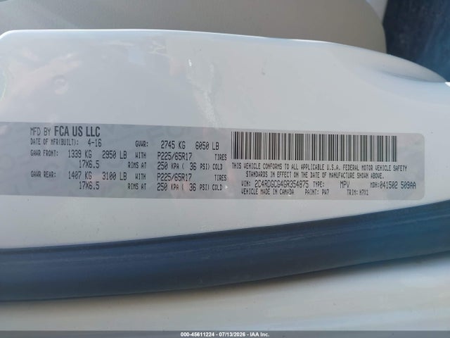 Продажа на аукционе авто 2016 Dodge Grand Caravan Sxt, vin: 2C4RDGCG4GR354875, номер лота: 45611224