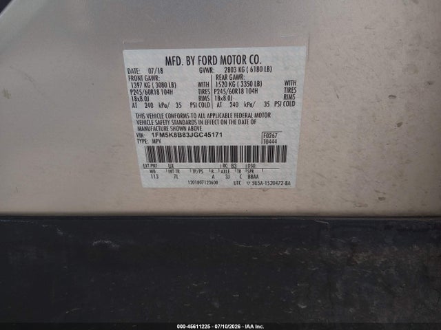 1FM5K8B83JGC45171 Ford Explorer
