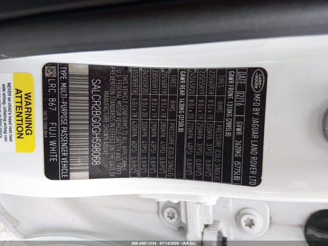 Продажа на аукционе авто 2016 Land Rover Discovery Sport Hse, vin: SALCR2BG0GH598068, номер лота: 45611234