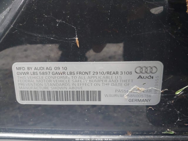 45611236 :رقم المزاد ، WAURVAFD5BN005156 vin ، 2011 Audi A8 L 4.2 مزاد بيع