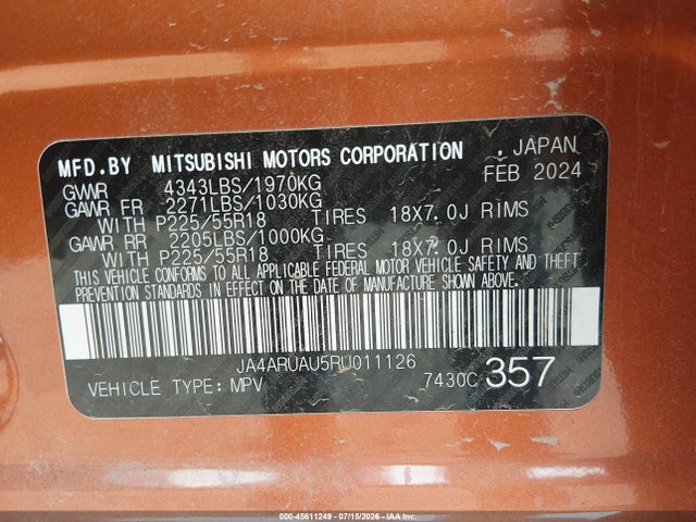 45611249 :رقم المزاد ، JA4ARUAU5RU011126 vin ، 2024 Mitsubishi Outlander Sport 2.0 Es Awc مزاد بيع