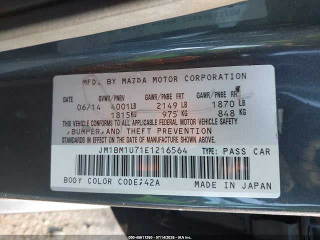 2014 Mazda Mazda3 მანქანა იყიდება აუქციონზე, vin: JM1BM1U71E1216564, აუქციონის ნომერი: 45611260
