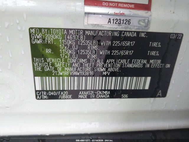 45611277 :رقم المزاد ، 2T3W1RFV9NW193816 vin ، 2022 Toyota Rav4 Xle مزاد بيع