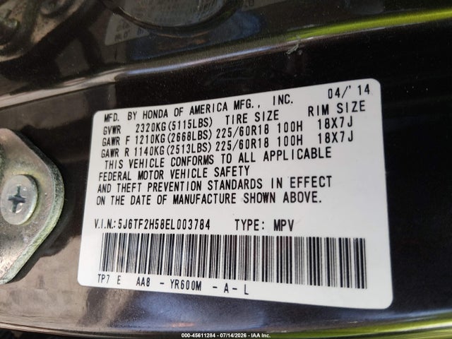 5J6TF2H58EL003784 Honda Crosstour Ex-l V6