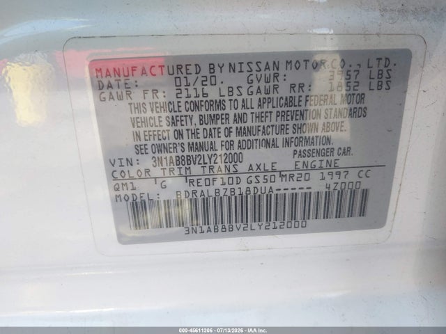 3N1AB8BV2LY212000 Nissan Sentra S Xtronic Cvt