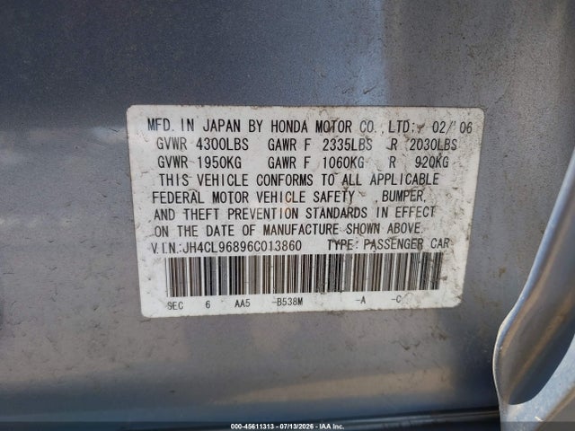 Auction sale of the 2006 Acura Tsx, vin: JH4CL96896C013860, lot number: 45611313