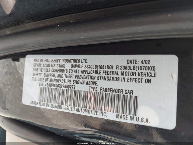 45611315 :رقم المزاد ، 4S3BH806X27659279 vin ، 2002 Subaru Outback H6-3.0 L.l. Bean Edition مزاد بيع