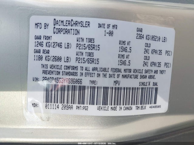 Aukcja sprzedaży 2000 Dodge Caravan Se, vin: 2B4GP45G3YR696066, numer aukcji: 45611317