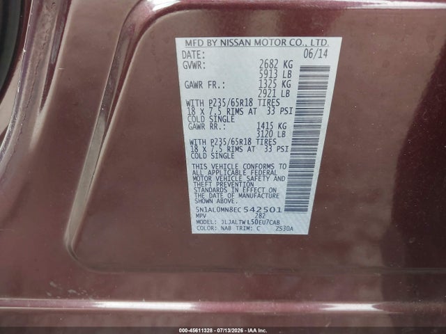 2014 Infiniti Qx60 მანქანა იყიდება აუქციონზე, vin: 5N1AL0MN8EC542501, აუქციონის ნომერი: 45611328