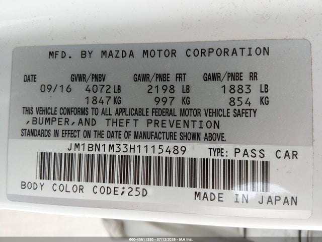 Aukcja sprzedaży 2017 Mazda Mazda3 Grand Touring, vin: JM1BN1M33H1115489, numer aukcji: 45611330