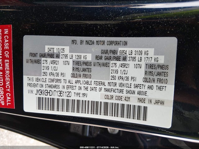 45611331 :رقم المزاد ، JM3KKBHDXT1361120 vin ، 2026 Mazda Cx-90 3.3 Turbo Preferred مزاد بيع