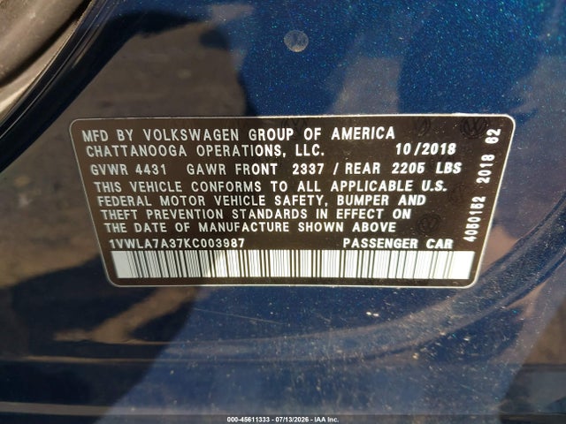 Продаж на аукціоні авто 2019 Volkswagen Passat 2.0t Wolfsburg Edition, vin: 1VWLA7A37KC003987, номер лоту: 45611333