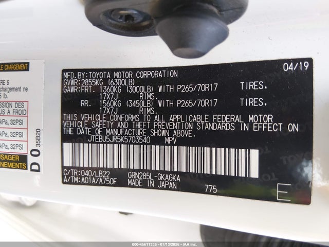 Aukcja sprzedaży 2019 Toyota 4runner Sr5 Premium, vin: JTEBU5JR5K5703540, numer aukcji: 45611336
