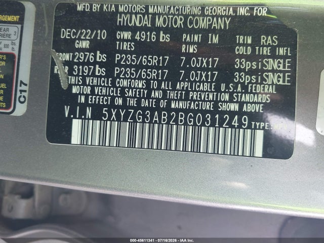 Aukcja sprzedaży 2011 Hyundai Santa Fe Gls, vin: 5XYZG3AB2BG031249, numer aukcji: 45611341