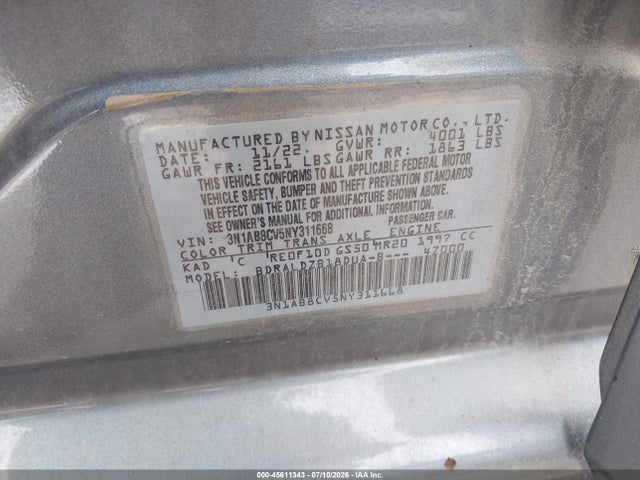 2022 Nissan Sentra Sv Xtronic Cvt მანქანა იყიდება აუქციონზე, vin: 3N1AB8CV5NY311668, აუქციონის ნომერი: 45611343