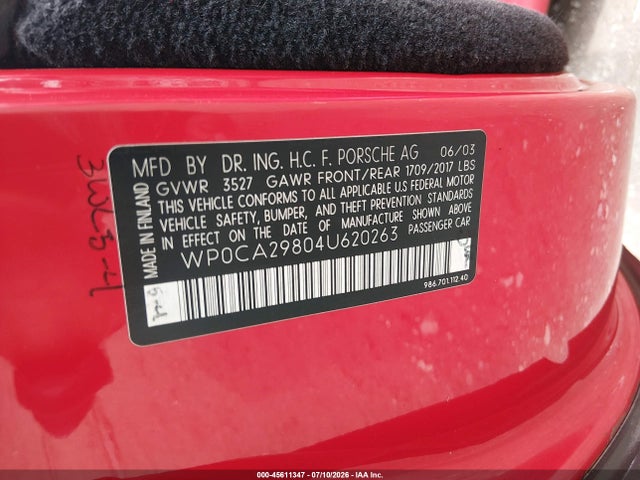Продаж на аукціоні авто 2004 Porsche Boxster, vin: WP0CA29804U620263, номер лоту: 45611347