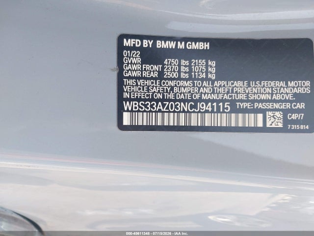 Aukcja sprzedaży 2022 Bmw M4 Competition, vin: WBS33AZ03NCJ94115, numer aukcji: 45611348