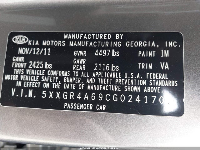 2012 Kia Optima Sx მანქანა იყიდება აუქციონზე, vin: 5XXGR4A69CG024170, აუქციონის ნომერი: 45611382