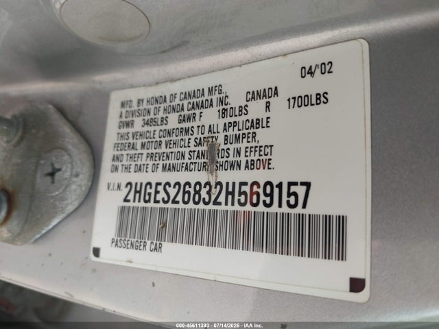 2002 Honda Civic Ex მანქანა იყიდება აუქციონზე, vin: 2HGES26832H569157, აუქციონის ნომერი: 45611393