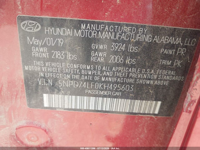 Продаж на аукціоні авто 2019 Hyundai Elantra Se, vin: 5NPD74LF0KH495603, номер лоту: 45611396