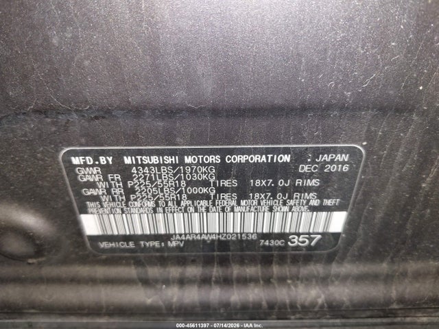 45611397 :رقم المزاد ، JA4AR4AW4HZ021536 vin ، 2017 Mitsubishi Outlander Sport 2.4 Sel مزاد بيع