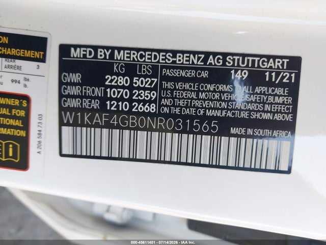 Aukcja sprzedaży 2022 Mercedes-benz C 300 Sedan, vin: W1KAF4GB0NR031565, numer aukcji: 45611401