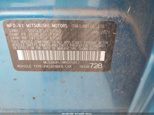 45611404 :رقم المزاد ، ML32AUHJ1MH005857 vin ، 2021 Mitsubishi Mirage Carbonite Edition/es/le مزاد بيع
