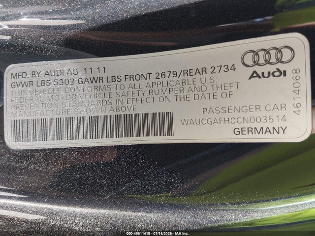 45611419 :رقم المزاد ، WAUCGAFH0CN003514 vin ، 2012 Audi S5 3.0 Premium Plus مزاد بيع