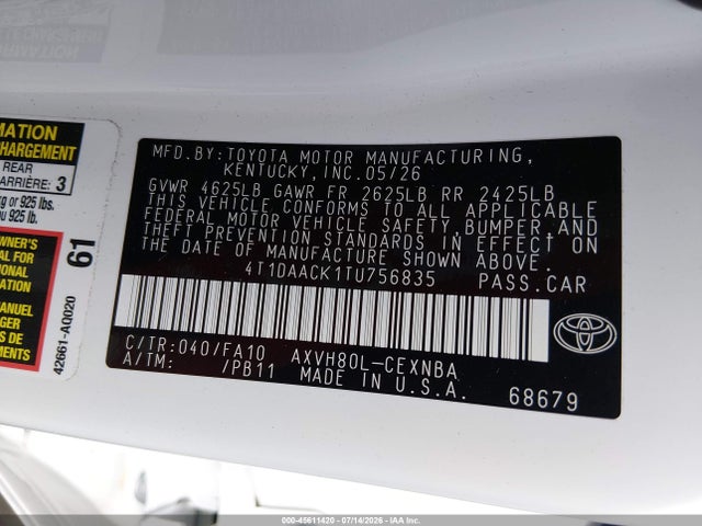 Продаж на аукціоні авто 2026 Toyota Camry Le, vin: 4T1DAACK1TU756835, номер лоту: 45611420