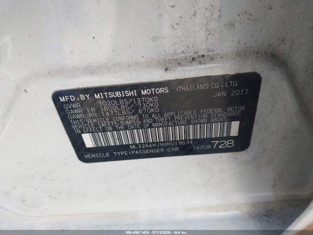 45611424 :رقم المزاد ، ML32A4HJXHH019634 vin ، 2017 Mitsubishi Mirage Se مزاد بيع