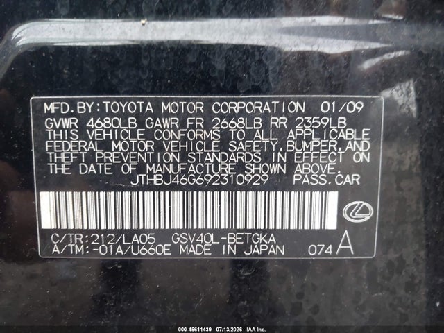 2009 Lexus Es 350 მანქანა იყიდება აუქციონზე, vin: JTHBJ46G692310929, აუქციონის ნომერი: 45611439