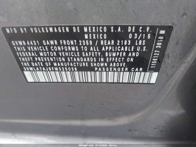 45611440 :رقم المزاد ، 3VWLA7AJ8FM325038 vin ، 2015 Volkswagen Jetta 2.0l Tdi S مزاد بيع