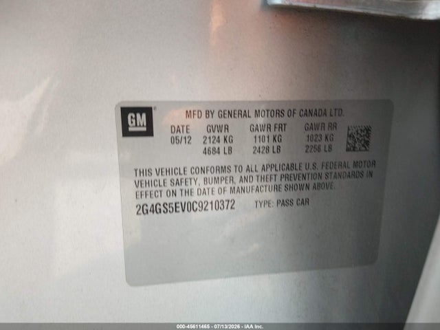 Продажа на аукционе авто 2012 Buick Regal Turbo - Premium 1, vin: 2G4GS5EV0C9210372, номер лота: 45611465
