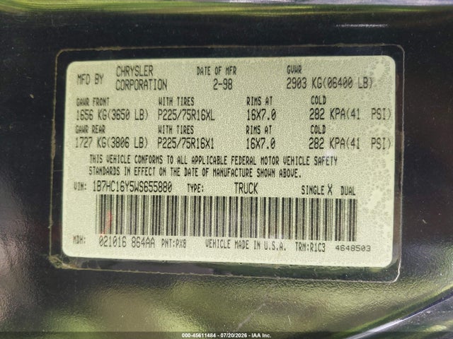 1998 Dodge Ram 1500 St მანქანა იყიდება აუქციონზე, vin: 1B7HC16Y5WS655880, აუქციონის ნომერი: 45611484