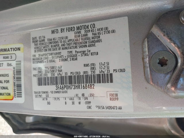 Ford FUSION SE 2017 3FA6P0H73HR168482 Image 9